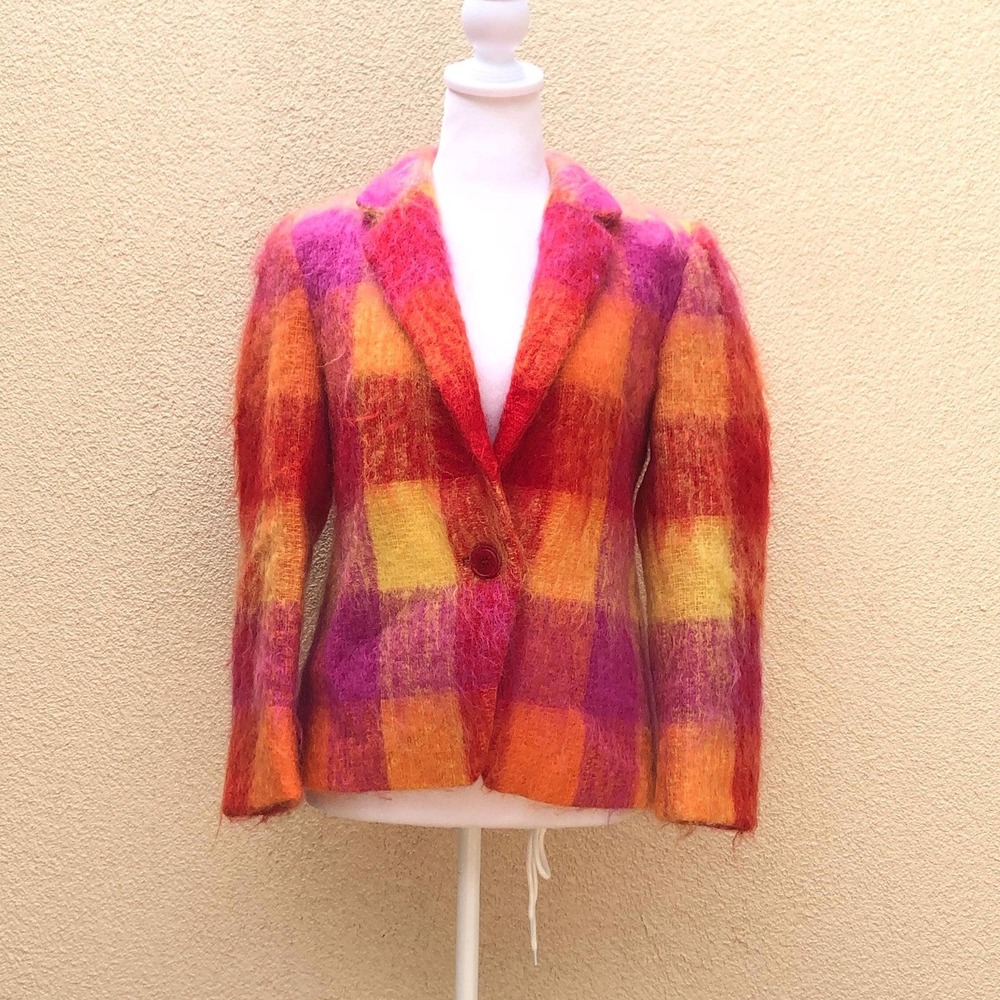MONDI orange and pink plaid mohair cashmere blazer
